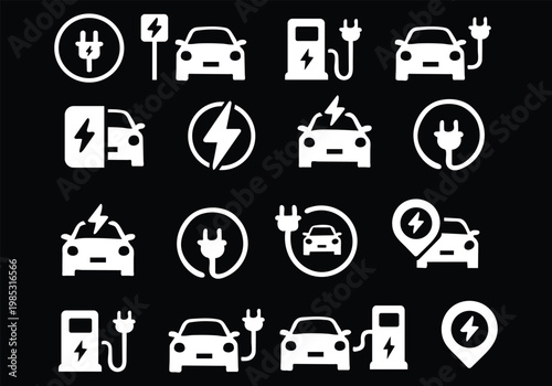 Electric car charging icon set. EV station, plug, socket, hybrid car, green electric car with plug symbol on white background - stock vector.