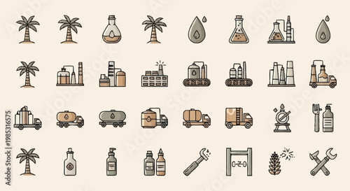 Industrial icons set for manufacturing and energy sectors.