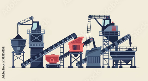Industrial mining and processing plant with conveyor belts.