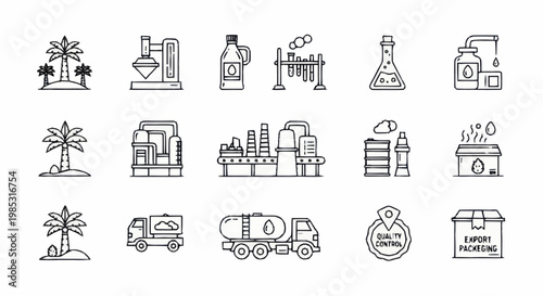 Industrial process icons set for manufacturing and production.