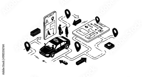 Ride Sharing and Taxi Service Isometric Concept with Mobile App Interface and Navigation Elements Vector Illustration