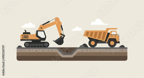 Excavator and Dump Truck Working Together on Construction Site.