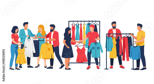 Diverse shoppers browse clothing racks, enjoying a retail shopping experience.
