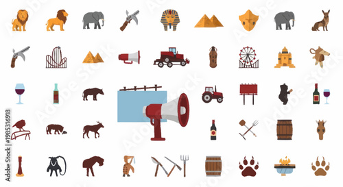Collection of diverse icons representing animals objects and symbols.