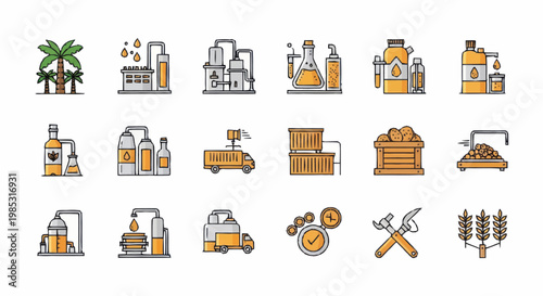 Industrial production process icons set for manufacturing and industry.