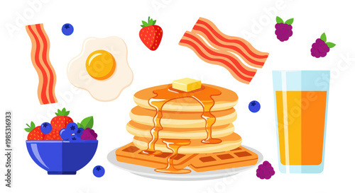 Delicious Breakfast Spread: Pancakes, Waffles, Bacon, Eggs, Berries, and Juice