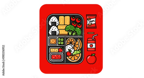 Healthy Bento Box Lunch with Onigiri, Fruit, Vegetables, and Juice