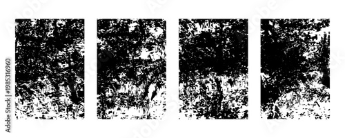 Set of four abstract black and white grunge textures, distressed overlay patterns, rough weathered surfaces, artistic graphic design elements