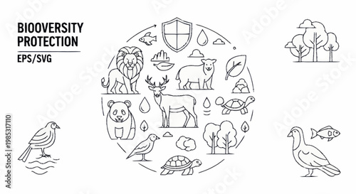 Biodiversity Protection Icons Representing Wildlife and Nature Conservation.