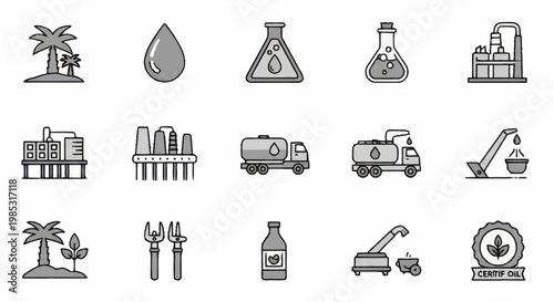 Collection of industrial and agricultural icons in gray scale.