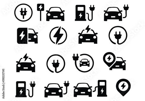 Electric car charging icon set. EV station, plug, socket, hybrid car, green electric car with plug symbol on white background - stock vector.