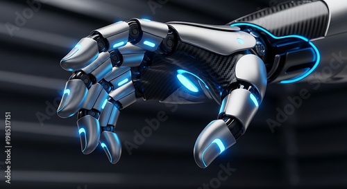 Robotic hand with glowing blue accents demonstrates precision.