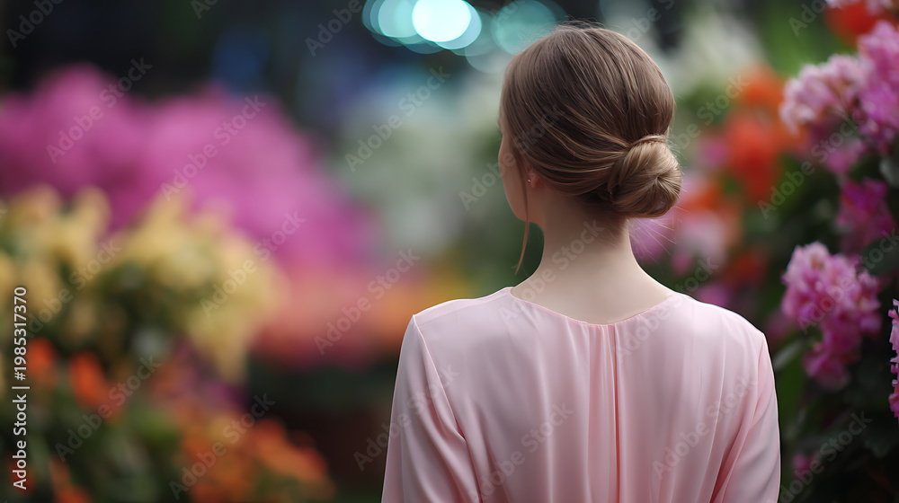 Fototapeta premium A woman with her hair in a bun, wearing a pale pink dress, gazes into a vibrant display of blooming flowers. The background is a colorful blur of pink, purple, orange, and yellow petals.