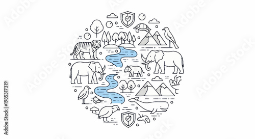 Circle of Wildlife and Nature Icons Representing Conservation Efforts.