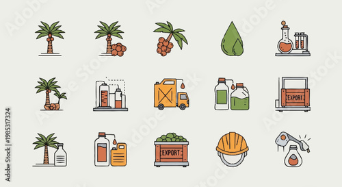 Palm oil production and processing icons set.