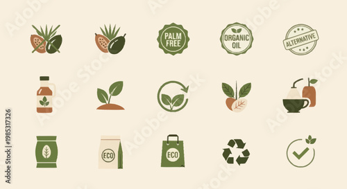Collection of organic and eco friendly product icons.