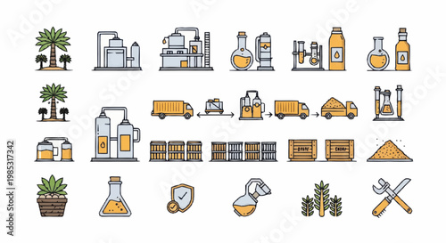 Industrial factory and production process icons set.