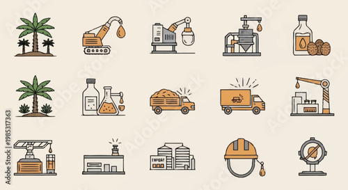 Collection of industrial and agricultural icons and illustrations.