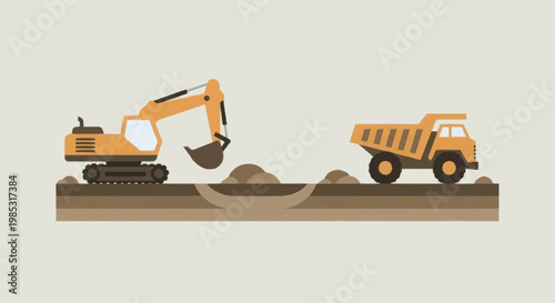 Excavator loading dirt into a dump truck at a construction site.