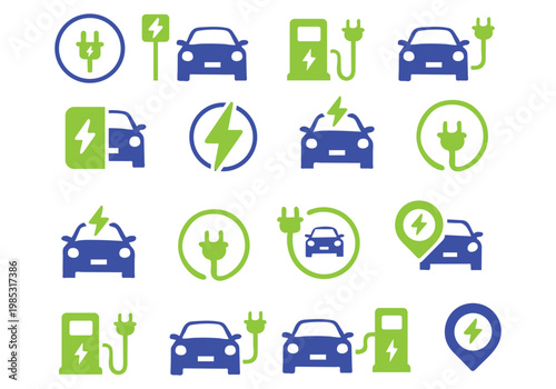 Electric car charging icon set. EV station, plug, socket, hybrid car, green electric car with plug symbol on white background - stock vector.