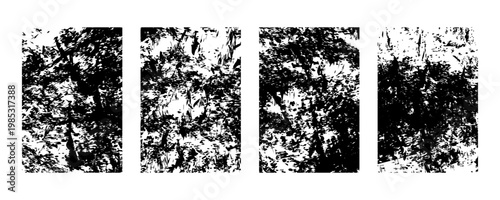 Set of four grunge textures, distressed overlay patterns, black and white abstract backgrounds for design, rough surface effects, vector illustration