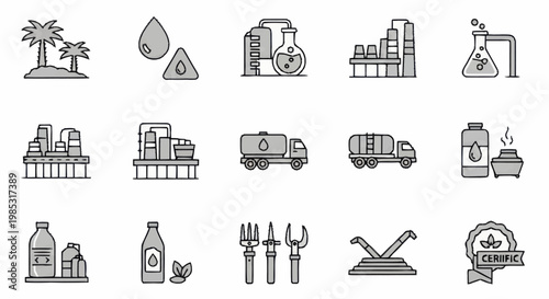 Collection of Industrial Icons Representing Oil and Gas Industry.