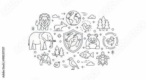 Collection of Outline Icons Representing Wildlife and Nature Conservation.