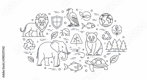 Collection of diverse animals and environmental symbols in outline style.