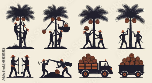 Palm Tree Harvesting and Transportation Silhouettes.