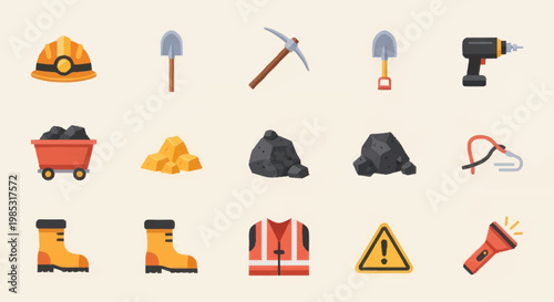 Collection of mining equipment and safety gear icons.