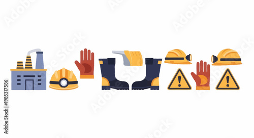 Industrial safety equipment and factory illustration.