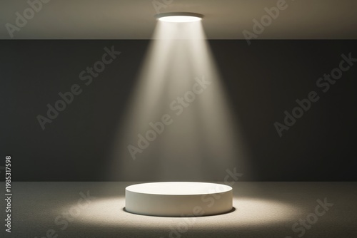Pedestal stands in a darkened room under a single bright spotlight to create a dramatic effect for showcasing luxury products or artistic sculptures in a professional gallery exhibition setting.