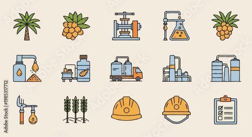 Set of industrial and agricultural icons for oil production and processing.