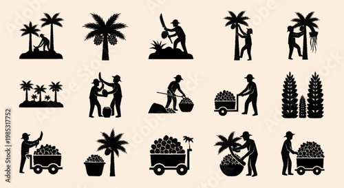 Coconut Harvesting Process Silhouettes Showing Farmers Working.
