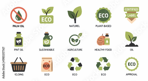 Collection of eco friendly and organic product labels and icons.