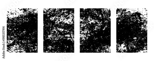 Set of four abstract grunge textures, black ink brush strokes, distressed overlays, rough artistic elements for design, vector illustration