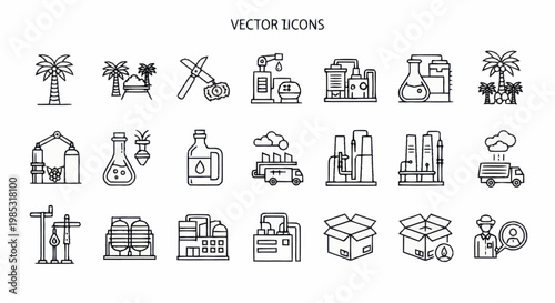 Collection of industrial and logistical vector icons.