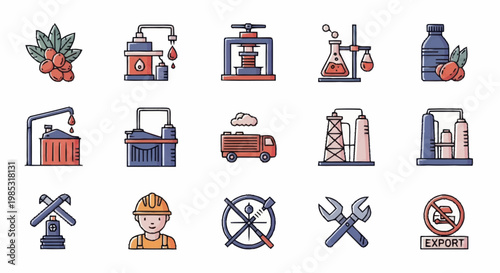 Collection of Industrial Icons Representing Oil and Gas Industry Processes.
