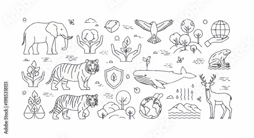 Collection of nature and wildlife conservation line art icons.
