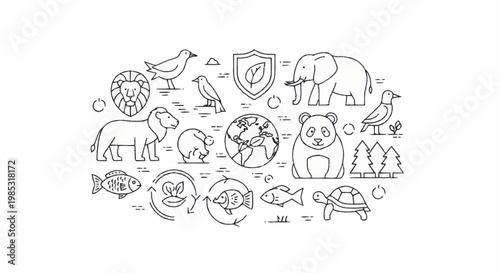 Collection of Outline Icons Representing Wildlife and Nature Conservation.
