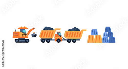 Construction vehicles and materials for building and industry.