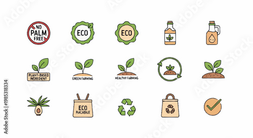 Collection of eco friendly and organic product icons.