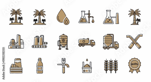 Collection of industrial and agricultural icons representing various elements.