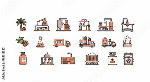 Collection of industrial and manufacturing icons and symbols.