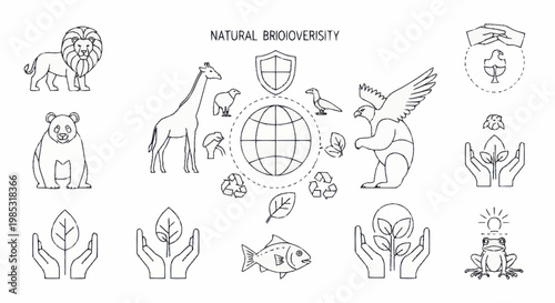Diverse collection of animal and plant life icons representing natural biodiversity.