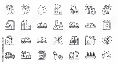 Collection of Industrial Icons Representing Oil and Gas Industry.