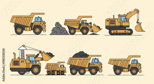 Collection of construction vehicles and heavy machinery illustrations.