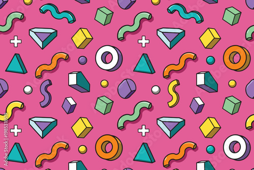 Retro colorful geometric doodle pattern with abstract shapes and bold outlines on pink background playful seamless pop design