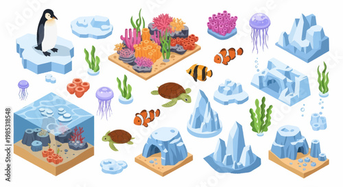 Underwater Coral Reef and Arctic Ice Elements Collection.