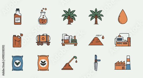 Collection of industrial and agricultural icons representing production and resources.